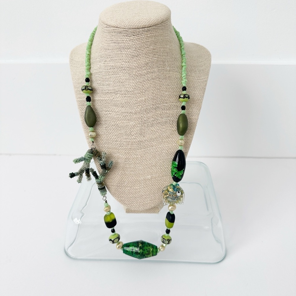 Genuine Murano Glass Beads Necklace Green Black Fish Long